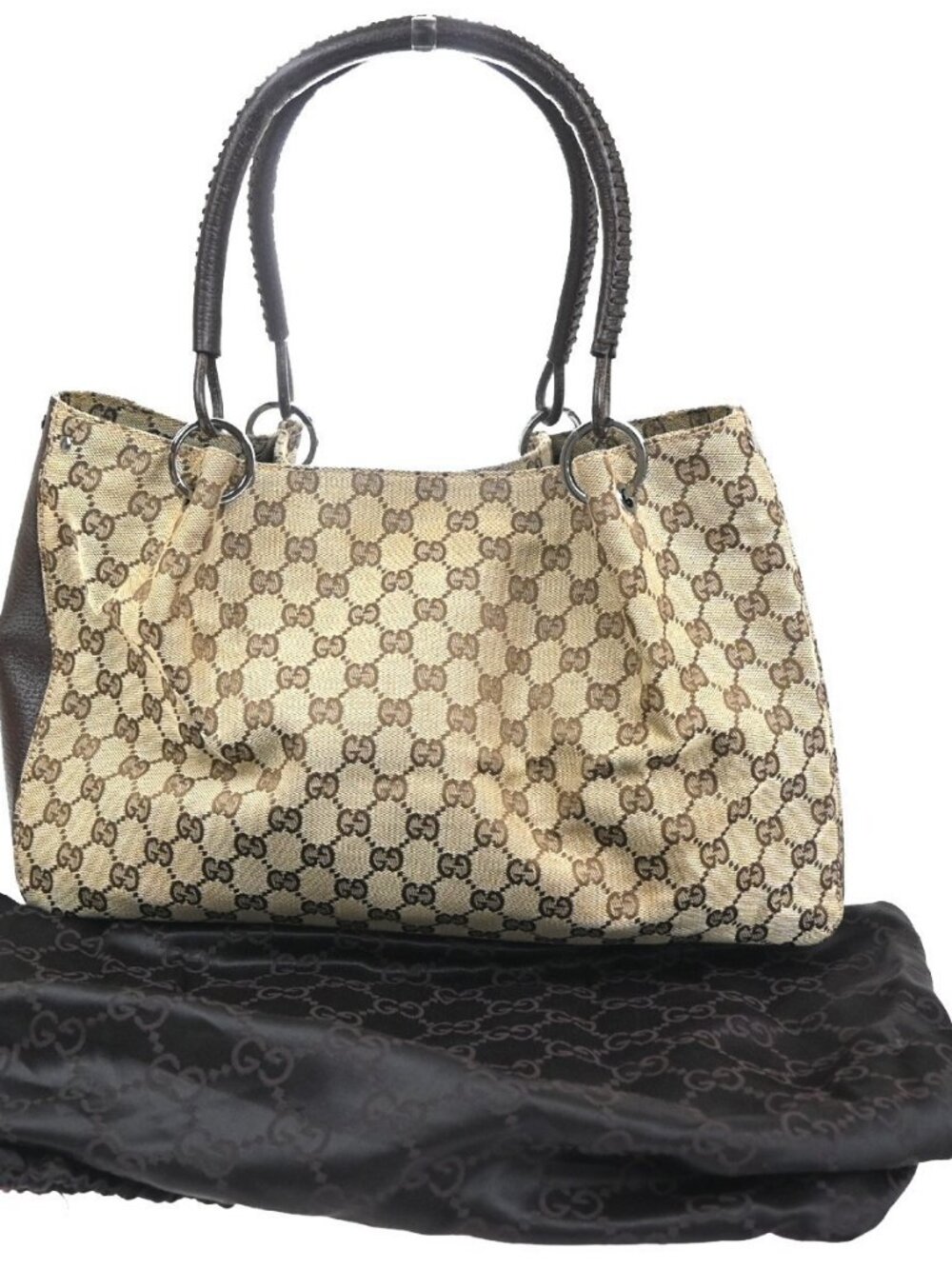 GUCCI Logo GG Pattern Shoulder Tote Bag Canvas Leather Brown 86KC878 - Picture 1 of 14